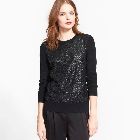Kate Spade Black Sequin Front Satin Tie Back Sweater Cashmere Sparkle Size XS - Picture 1 of 8